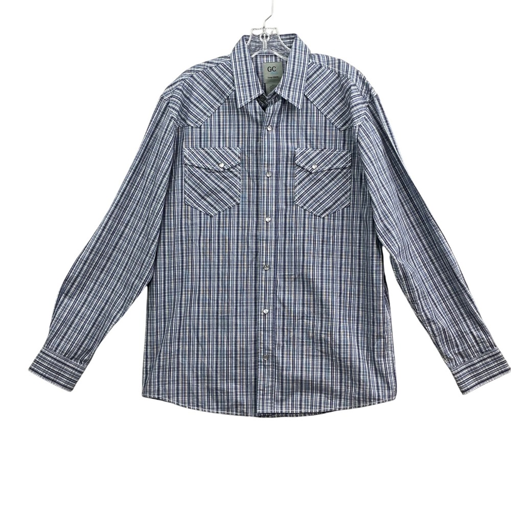GC Blue Western Shirt Mens Large Blue Plaid Pearl Snap Vintage Collection Y2K